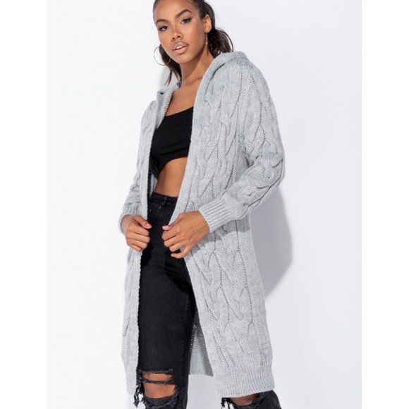 Chunky Cable Knit Long Sleeve Hooded Midi Cardigan - Picture 3 of 11